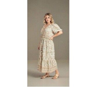 LEA Bohemian V-neck Cotton Maxi Dress Cottagecore Ivory Orange Floral Size 3X